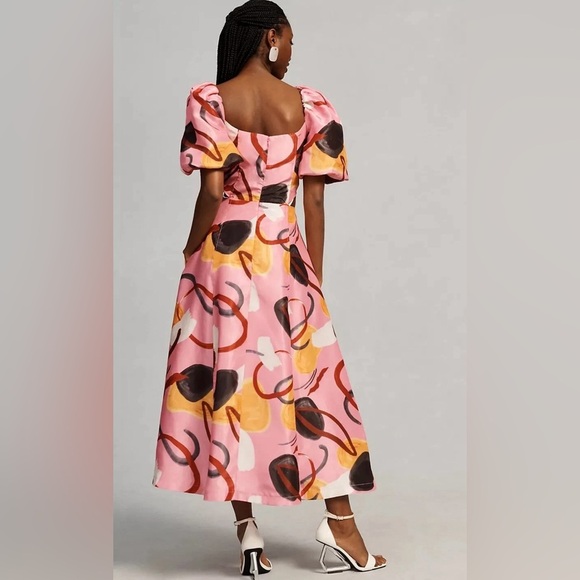 Aureta Studio Pink Abstract Puff Sleeve Cutout Midi Dress NWT Size S Anthro - Picture 12 of 12